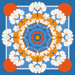 Silk scarf with hand drawn white magnolia blossom. Abstract vector with hand drawn floral elements. Card, bandana print, kerchief design, napkin. Eps8