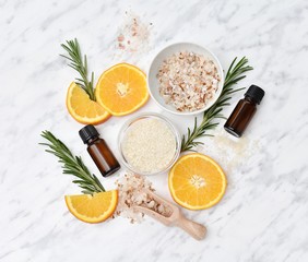 Energizing bath salt with rosemary and orange essential oil, mineral sea salt for spa.