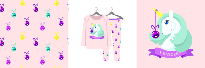 Seamless pattern and illustration - unicorn decorated like a Christmas tree