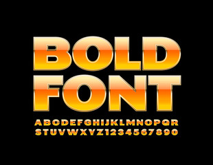 Vector Bold Font. Orange and Gold shiny Alphabet Letters and Numbers