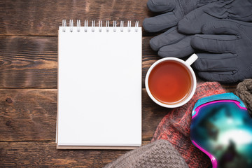 Snowboarding tips mock up. Snowboard gear list template. Blank page notepad with copy space and...