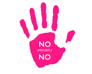 Vector imprint of a female palm of pink color with the inscription no mens no