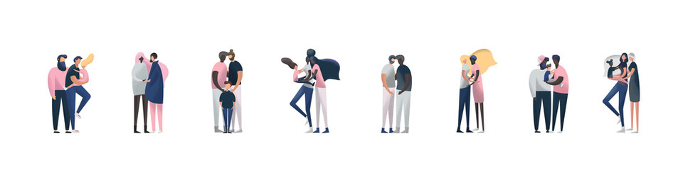 Adoption vector illustration. Non traditional family homosexual couples male, female. Multinational families.