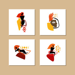 Vector set of modern hand-drawn abstract illustrations of human bodies and faces.
