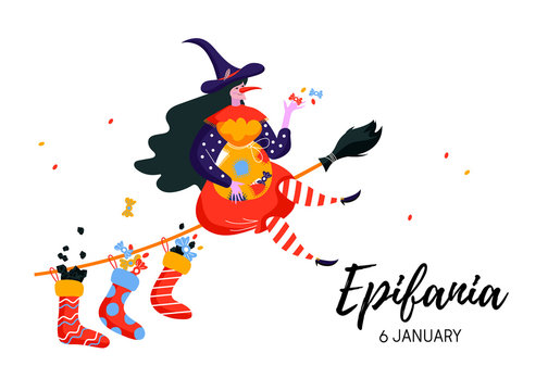 Epiphany. Greeting card with Befana and full socks of coals, sweets. Witch flying on broom. Cute character for italian Christmas holiday.