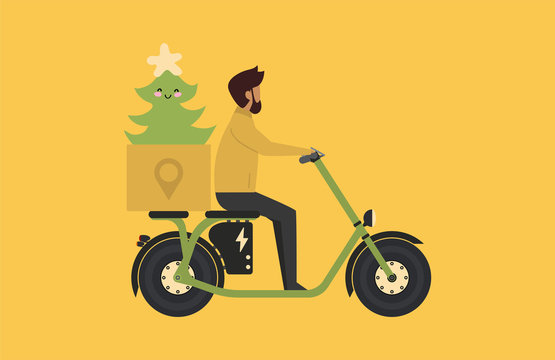 Cartoon picture with man riding fast modern electric moto. Enjoying futuristic motorcycle ride. Eco. New Year tree. electric scooter with a box. Fast goods delivery concept design