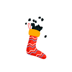 Cartoon style icons full sock of coals for Befana card. Italian Christmas holiday. Simple objects for Happy Epiphany day.