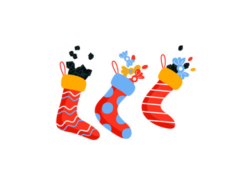 Set cartoon style icons full socks of coals and sweets for Befana card. Italian Christmas holiday. Simple objects for Happy Epiphany day.
