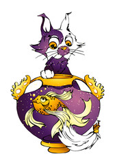 A symbol of isotericism, accultism for a sticker, logo, banner, print of a T-shirt. Illustration of a mystical two tone cat watching a golden fish in a round aquaurium on a white isolated background.