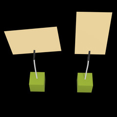 Message holder. Card holder with clip and note on cube base. 3d renderon black background.