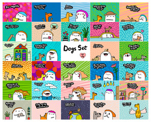 Dog set hand drawn vector illustrations in cartoon comic style people doing activities with pets