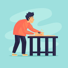 Joiner planes a plane board. Flat design vector illustration.