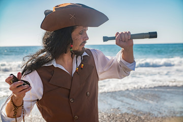 Naklejka premium pirate man portrait at the sea