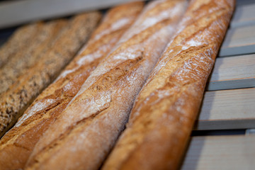 Bread exposed in a bakery in Madrid, Spain