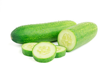 Fresh cucumber cut slice and water drop isolated on white background. With clipping path