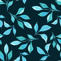 Watercolor blue leaves on dark background. Seamless pattern.
