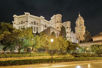 Malaga Cathedral at night