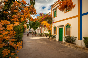 Puerto Mogan in Gran Canaria with flowers and fair weather.