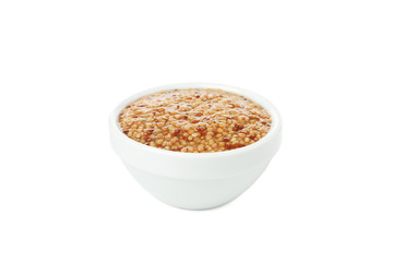 Tasty grain mustard in bowl isolated on white background