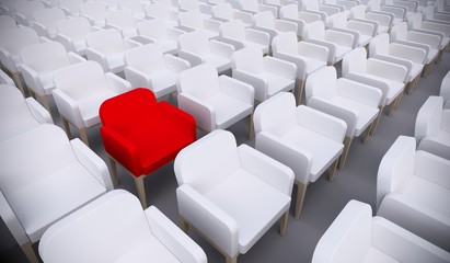 Concept or conceptual red armchair standing out in a  conference room as a metaphor for leadership, vision and strategy. A  3d illustration of individuality, creativity and achievement