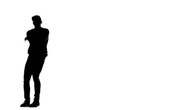 black silhouette on a white background, guy dancing break dance, hip hop, street dancing in the studio, isolated