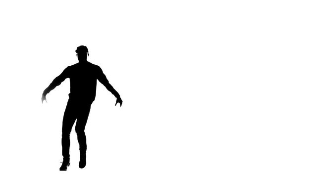 black silhouette on a white background, guy dancing break dance, hip hop, street dancing in the studio, isolated