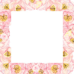 Watercolor hand painted nature floral squared border frame bouquet composition with pink apple blossom flowers on the white background for invitations and greeting card with the space for text