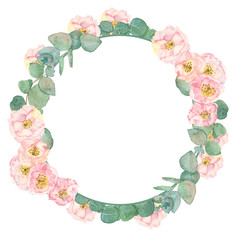 Watercolor hand painted nature circle floral wreath frame with green eucalyptus leaves and branches and pink apple blossom flowers on the white background for invitations and greeting cards