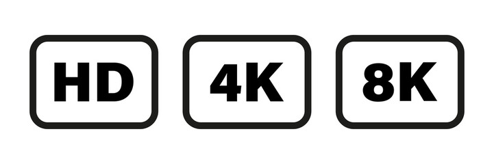 8K 4K HD video format vector icon isolated on white background. Web tv screen concept. High resolution. - obrazy, fototapety, plakaty