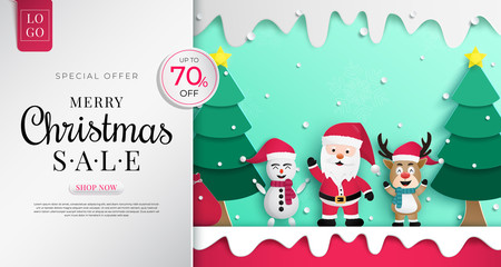 Christmas sales banner design.and lovely Santa Claus and friends characters.and standing waving the hand.and celebrate the Christmas festival with cold weather in the winter season. and background.