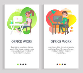 Office work of man and woman, female in headset using computer, employee on workplace with wireless device, worker with pc, communication vector. Website or slider app, landing page flat style