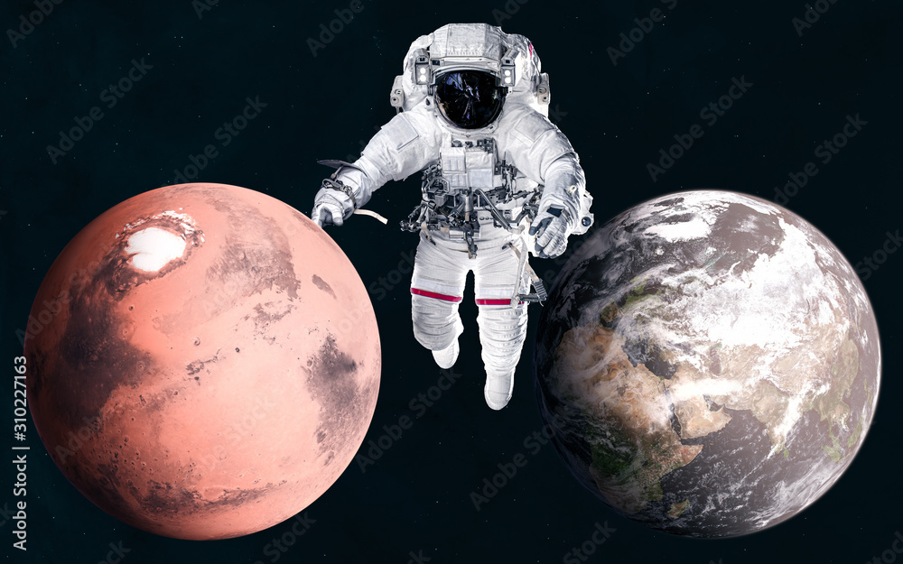 Wall mural mars and earth on background of astronaut. solar system. 3d render. science fiction. elements of thi