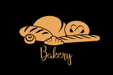 Bakery products isolated on black background. Bakery shop, bakehouse emblem design. Vector illustration