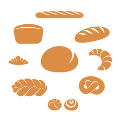 Simple flat bakery items set isolated on white background. Bread assortment vector illustration