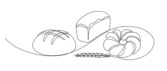 Bakery products with wheat ear in continuous line art drawing style. Black line sketch on white background. Vector illustration