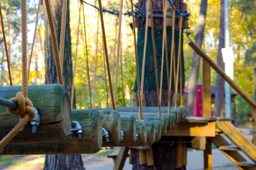 Fototapeta na wymiar Wooden suspension bridges on a pine tree between trees. Attraction in an amusement park.