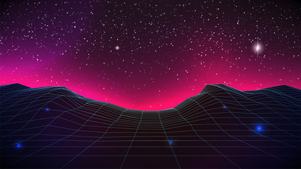 Synthwave Horizon Background. Virtual 3d landscape with Glow. Perspective Grid with starry sky. 80s sci-fi or game style. Banner, poster, cover or Retro party flyer template. Stock vector illustration - obrazy, fototapety, plakaty