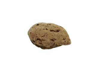 pumice rock isolated on white background. Pumice is an extrusive igneous rock with a vesicular texture and very low specific gravity. There is noise and grain caused by the texture of the stone. 