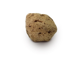 pumice rock isolated on white background. Pumice is an extrusive igneous rock with a vesicular texture and very low specific gravity. There is noise and grain caused by the texture of the stone. 