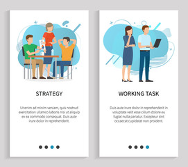 Working task and strategy vector, people planning next steps in business project implementation. Meeting of partners solving problems set. Website or slider app, landing page flat style