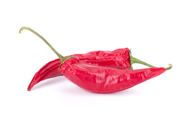 Dried red chili or chilli cayenne pepper isolated on white background cutout closeup