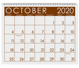 2020: Calendar: Month of October