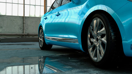 3d car sedan stands in a hangar with reflection in a puddle, concept 3d render for advertising auto products