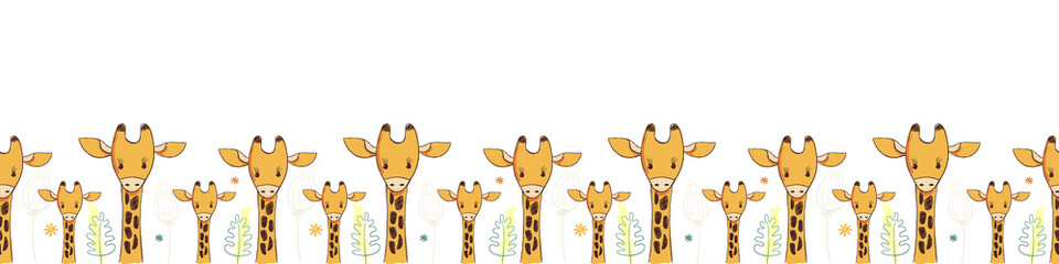 Fototapeta premium Seamless Vector Border Pattern with cute baby, mother and father giraffe on white background. African animal wildlife vector illustration.