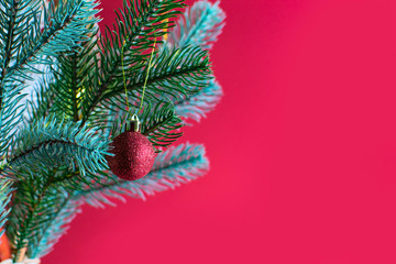 Christmas background with fir tree, frame of twigs christmas tree, brown pine cones on red background with space for text