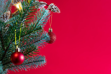 Christmas background with fir tree, frame of twigs christmas tree, brown pine cones on red background with space for text