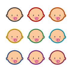 Cute baby girl face color icon set for web design isolated on white background