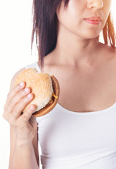 Beauty asian women eating burger isolated on white background.