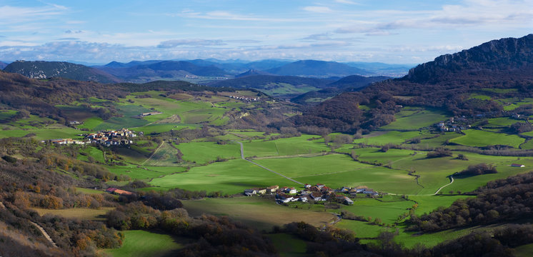 Fields with cereals and villages in the Ollo Valley, Navarra