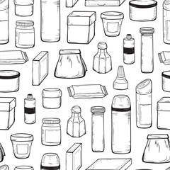 Packaging Vector Background. Blank Packing Seamless Pattern. Hand Drawn Sketch Glass, Plastic, Cardboard Package for Cosmetics and Goods